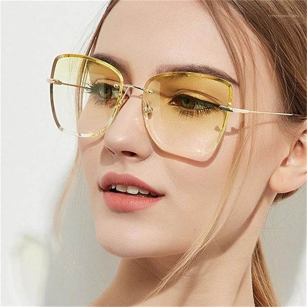 

fashion womens sunglasses brand designer shades ocean transparent lens ladies rimless yellow sun glasses gradient eyewear uv4001, White;black