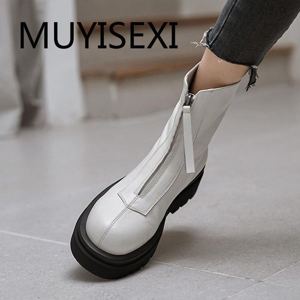 

boots front zipper genuine lather 5.5cm thick bottom round toe winter shoes keep warm beauty simple leisure women tn40 muyisexi, Black