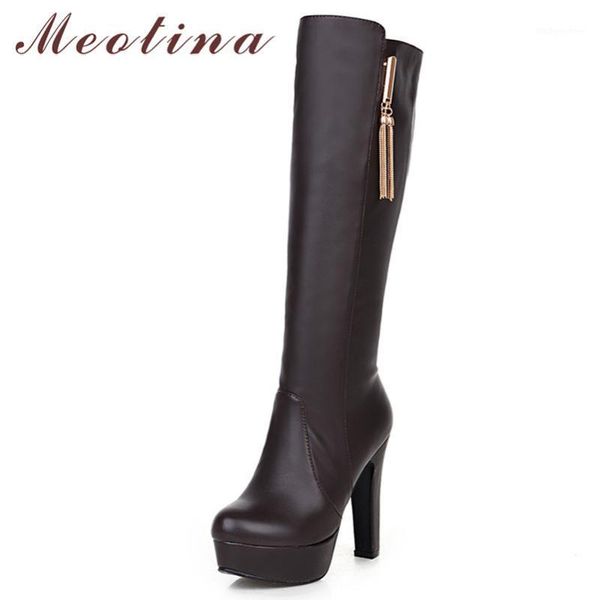 

boots meotina autumn knee high women fringe platform block heel long slip on super shoes lady winter big size 431, Black
