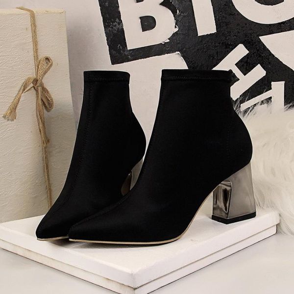 

boots 2021 selling flock height heel shoes women mature warm cool pointed toe, Black