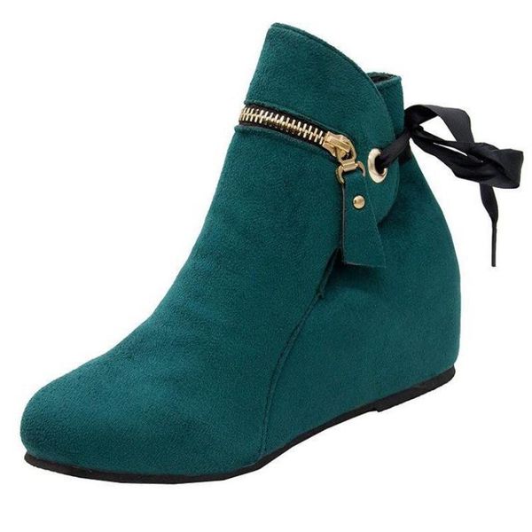 

boots ladies back knot high increasing heel chunky botas flock shoes round toe plus size 35-43 green black red cute wedges