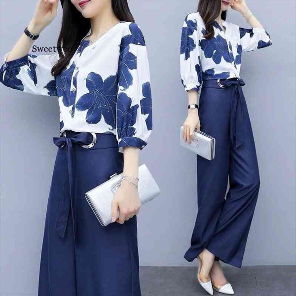 

women spring summer chiffon suits 2 two piece sets blouse wide leg pants suit elegant office outfits pantsuit clothes, Gray