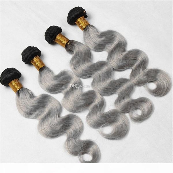 

ombre body wave virgin hair extensions #1b grey two tone ombre hair bundles dark root body wave human hair weave 4pcs lot, Black
