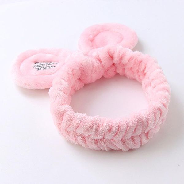 

women cute pink hair ribbon rabbit ear makeup headband soft warm plush comfortable wash face bathe hair holder elastic hairband q bbyoxj