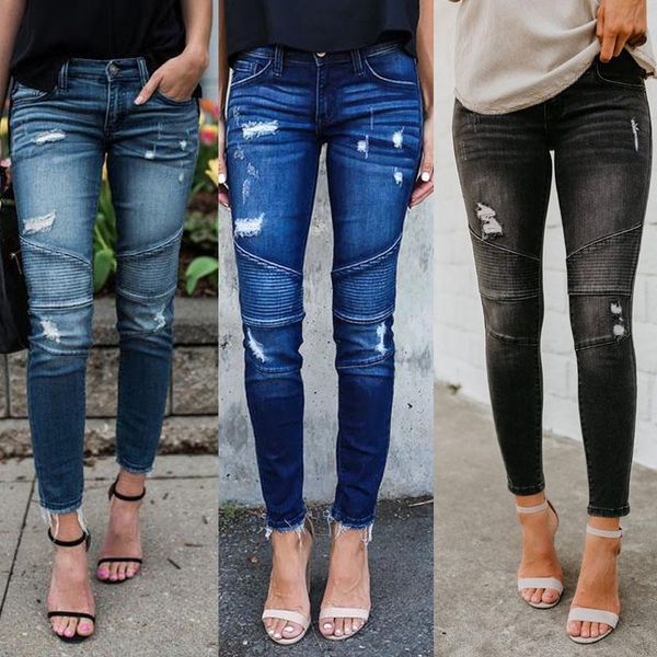 

2020 new ms skinny jeans slim pleated hole ladies pants stretch ladies jeans pencil feet pants women retro, Blue