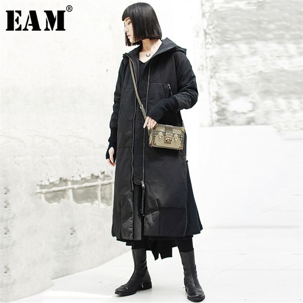 

[eam] new spring hooded long sleeve black loose long hem vent cotton-padded coat women parkas fashion tide jk131 201212