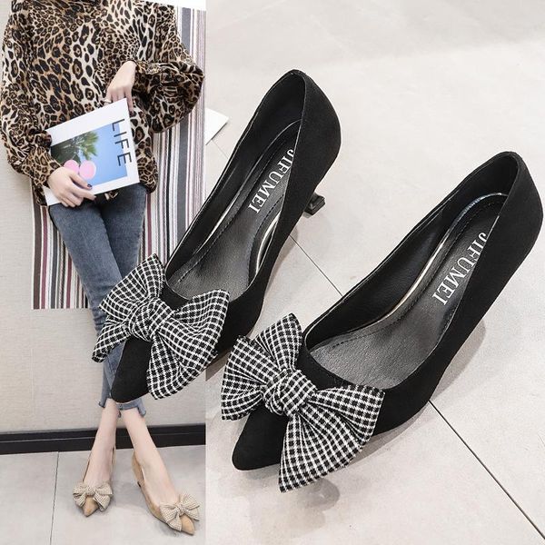 

spring autumn woman dress shoes plaid butterfly knot pumps faux suede boat shoes women high heels zapatos mujer 7928c, Black