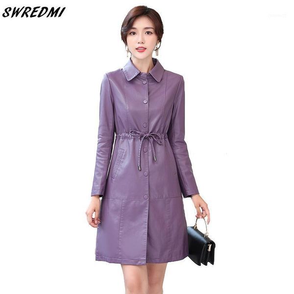 

swredmi 2020 new slim fashion long leather coat women drawstring female leather trench office lady coats cute s-3xl1, Black