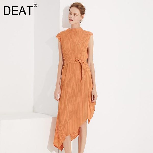 

casual dresses [deat] 2021 tide pleated woman dress leisure solid irregular short sleeve waist slim fit half turtleneck aq9791, Black;gray