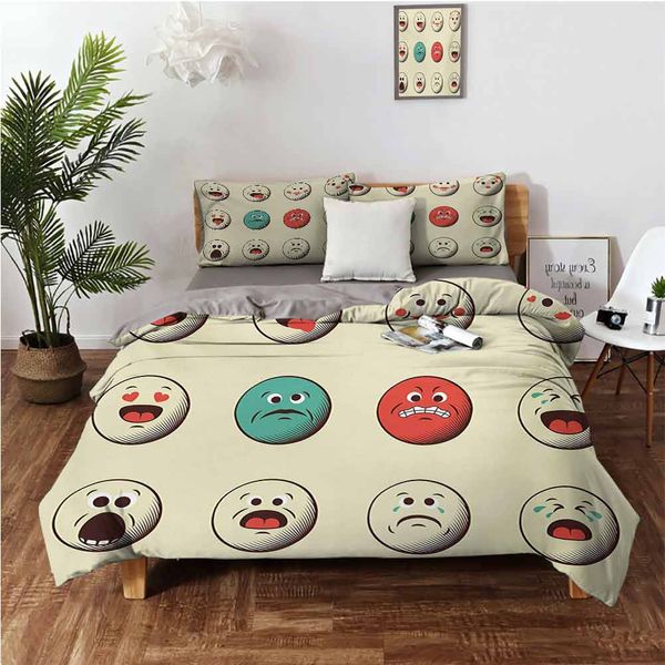 

cartoon like vintage old smiley faces with angry sad nervous mood expression printbedding 3-piece set