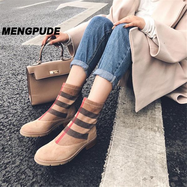 

boots mpd women ankle kid suede low heels non slip spring patchwork platform striped lattice black female winter vintage booties