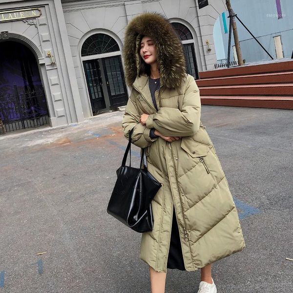 

winter coat women 90% duck down jacke thicken warm luxury natural raccoon fur collar female long hoody parka lx24811, Black