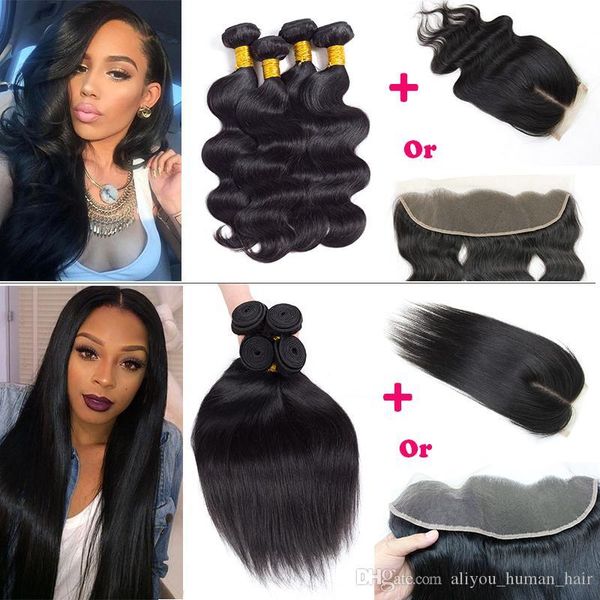 

peruvian virgin hair body wave straight human hair weave 4 bundles with closure or wet and wary hair ear to ear lace frontal, Black