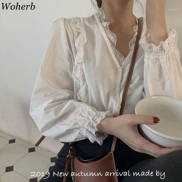

woherb spring summer 2020 new korean thin blouse women elgant lace patchwork shirt solid single-breasted v-neck blusas modis1, White