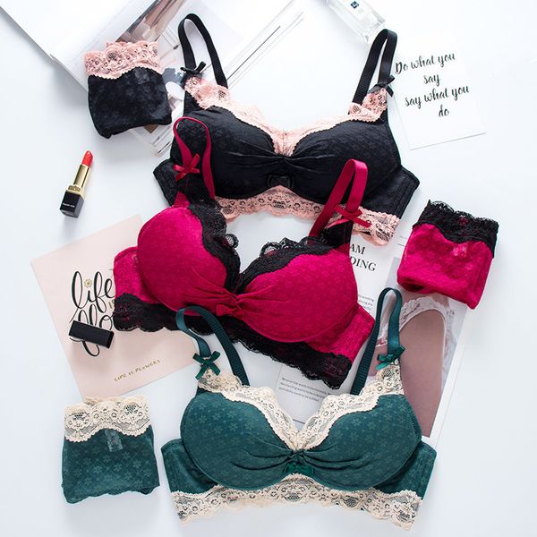 

fashion women wire bra set underwear set lace young girl lingerie adjusted bras three hook-and-eye push up bra set lj201031, Red;black
