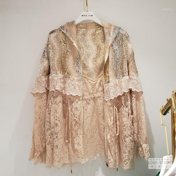 

cakucool new sequin lace jacket embroidery long sleeve hoodie loose jacket chic thin sun-proof coat open stitch women 2020 new1, Black;brown