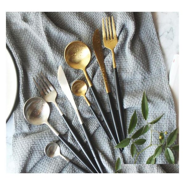

luxury cutlery knife fork spoon flatware stainless steel 304 dinnerware matte gold silver tableware black handle