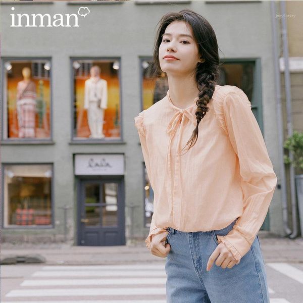 

inman 2020 spring new arrival cotton bowknot lace-up splicing falbala two-piece blouse1, White