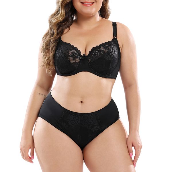 

plus size women's bra and panty set lace cozy underpants lingerie underwire bralette female large underwear sets bh c1211, Black;white
