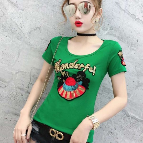

t-shirt straw hat summer army sequin green embroidered beaded letter for fat girls, Black;gray