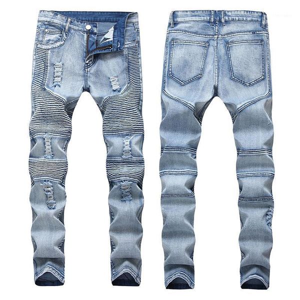 

men's jeans design brand ripped men long denim fashion cotton folding lapel stretch slim fit large size1, Blue