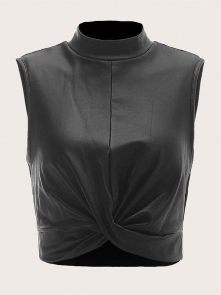 

plus solid mock neck twist tank k0nt#, Black
