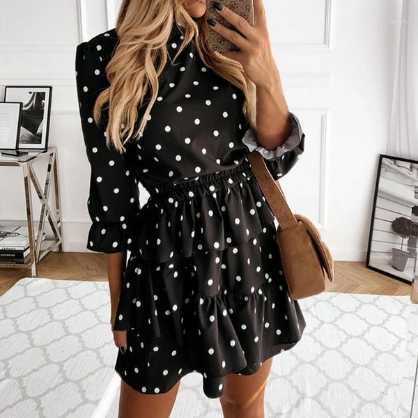 

2021 autumn casual cascading ruffle polka dot dress women winter long sleeve turtleneck print dress mini party vestido1, Black;gray