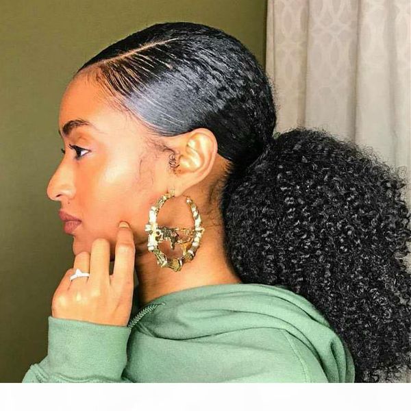 

natural curly hair ponytail african american short afro kinky curly wrap human hair drawstring puff pony tail hair extensions, Black