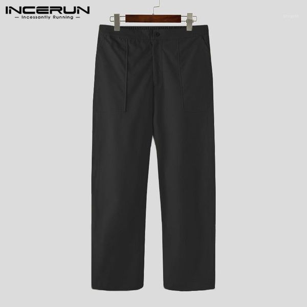 

2021 men solid color pants button baggy streetwear casual wide leg trousers men joggers fashion pockets pantalon incerun s-5xl1, Black