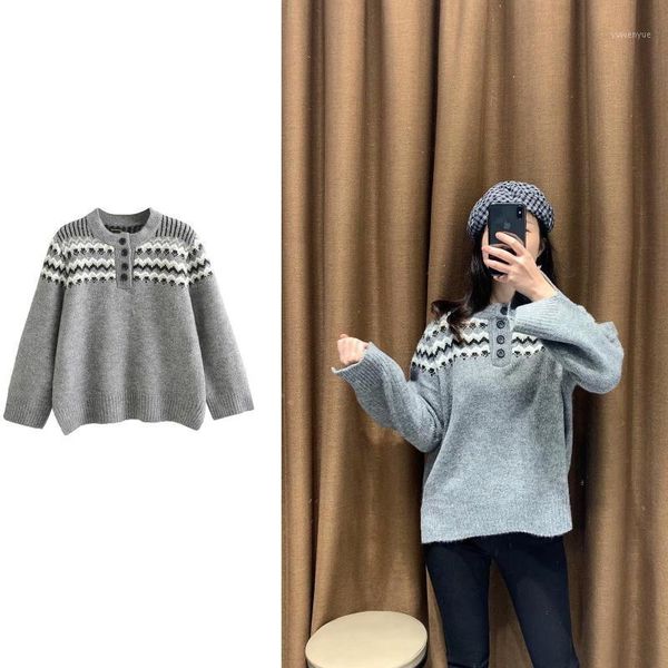 

women's casual grey round neck print button collar sweater 2019 winter split long sleeve fashion pullover women retro elegant1, White;black