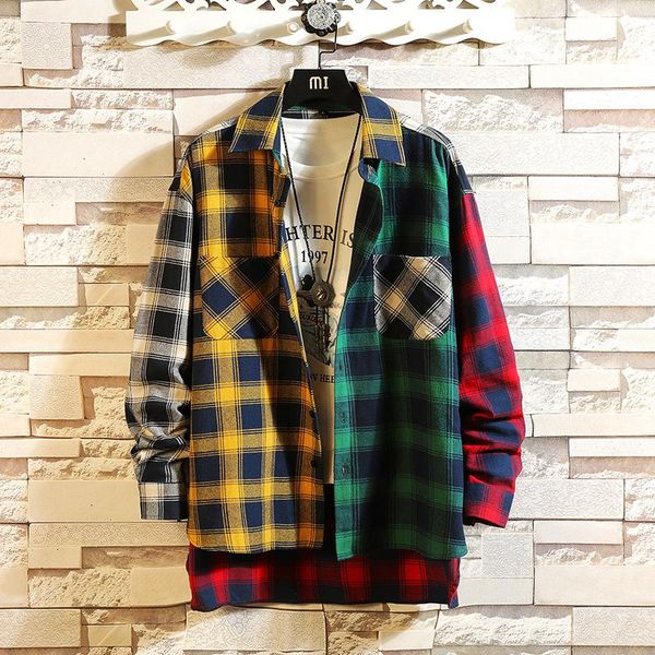

men's casual shirts 2021 autumn korean version of color matching plaid shirt loose long-sleeved street hip hop, White;black