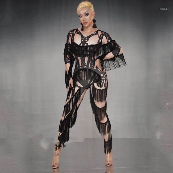 

nightclub bar female dj costumes fake meat printed fringed long-sleeved jumpsuit women gogo dance costumes rave clothes sl38151, Black;red