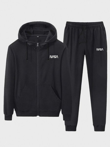 

men letter graphic zip up hoodie & sweatpants 90iq#, Gray