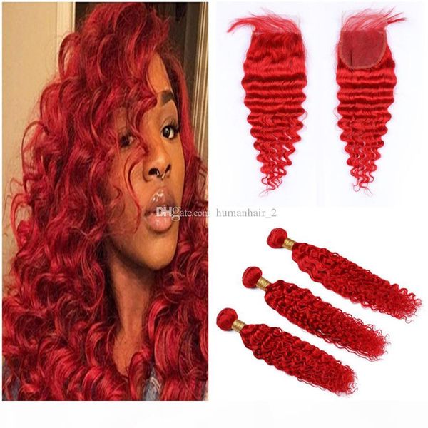 

red lace closure with bundles deep wave curly bundles with lace closure red malaysian virgin human hair extension with closure, Black;brown