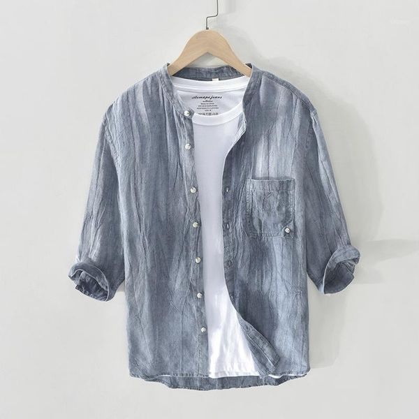 

100%pure linen shirt man casual three quarter sleeve fashion loose men's clothing y29351, White;black