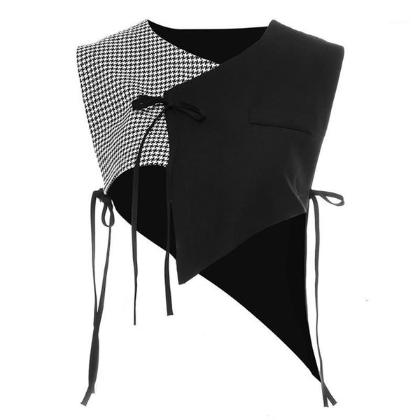 

seebeautiful new fashion 2020 summer autumn hit color plaid v-neck sleeveless lace-up asymmetry loose tank vest women q3111, Black;white