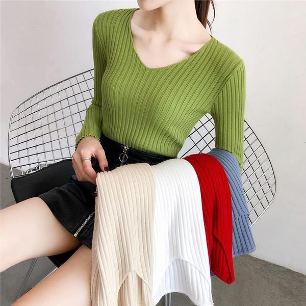 

sweater women v-neck pullover knitted winter clothes women solid long sleeve girls sweaters1, White;black