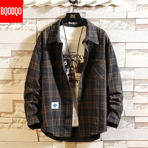 

bqodqo green plaid preppy long sleeve shirts men hip hop casual pocket button shirt coats japanese fashion streetwear blouse new c1211, White;black