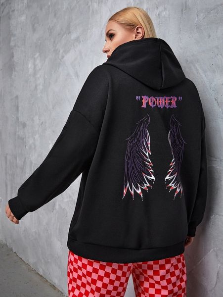 

plus wings & letter graphic kangaroo pocket drawstring hoodie r0br#, Black