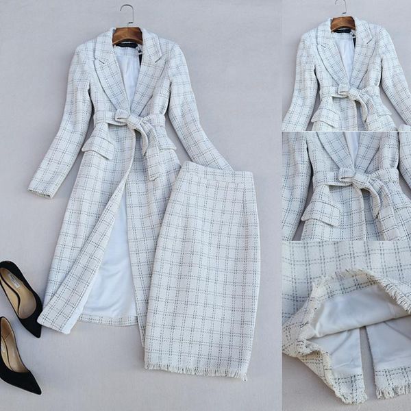 

elegant medium long plaid suit coat and high waist fashion faux woolen plaid skirt office lady clothing set, White
