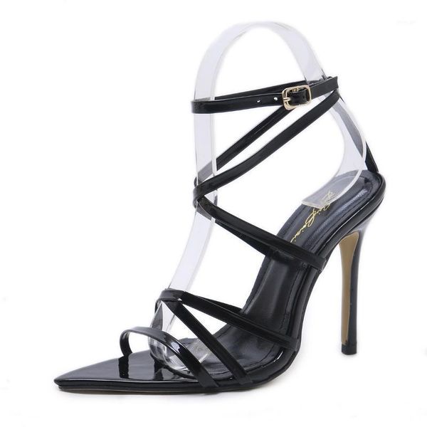 

sandals spring/summer thin high heel buckle women's shoes pointed toe cross strap stiletto lady party/wedding size 431, Black