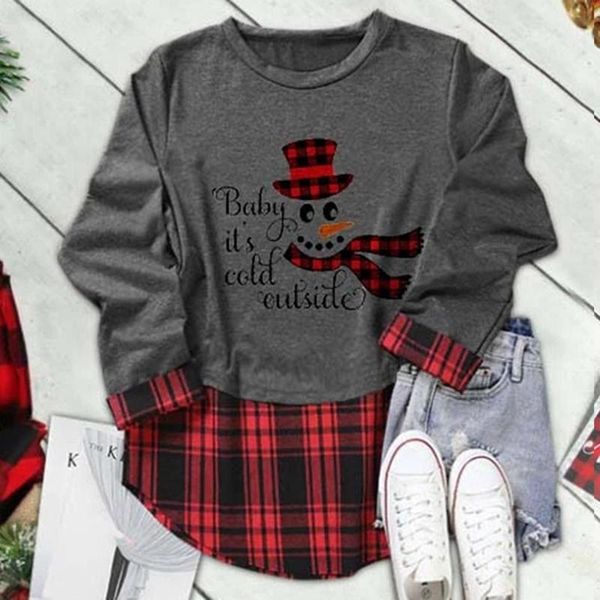 

women's blouses & shirts women creative festival long sleeve santa gnome print blouse plaid patchwork christmas t-shirt, White