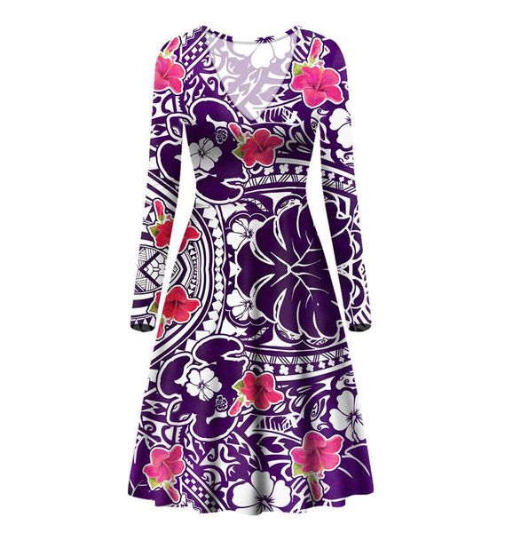 

polynesian v-neck long sleeve dress, Black;gray