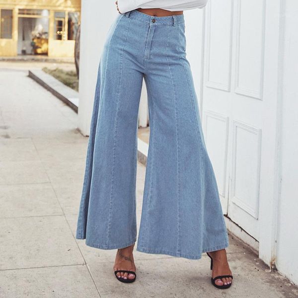 

2020 new style spring summer women denim wide leg pants boyfriend loose casual ladies jeans pants vintage high waist1, Blue