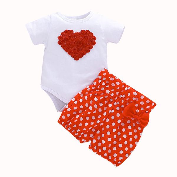 

baby girl wear clothing rose heart short sleeve white romper dot shorts with bow 2 pcs fashion valentine day baby suit outfit clothe