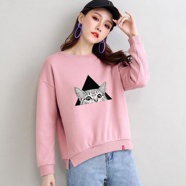 

women's hoodies & sweatshirts spring cat print sweatshirt kpop kawaii women clothes streetwear harajuku female ladies anime girl sweets, Black