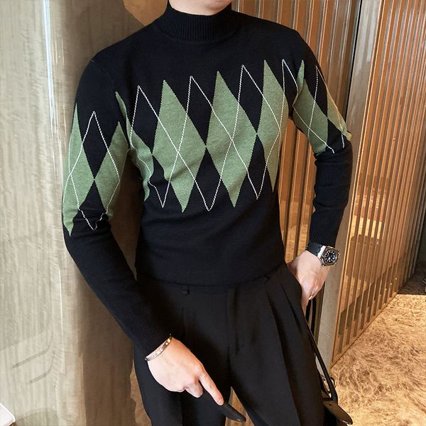 

2020 green black korean knit thin male turtleneck casual diamond trellises fashion heren sweater pull homme xf2a, White;black