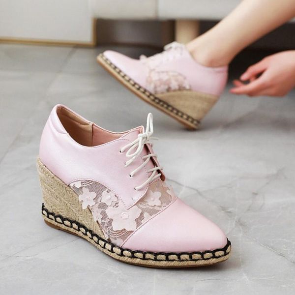 

dress shoes 2021 spring wedge women high heels lace up handmade platform woman pointed toe casual, Black