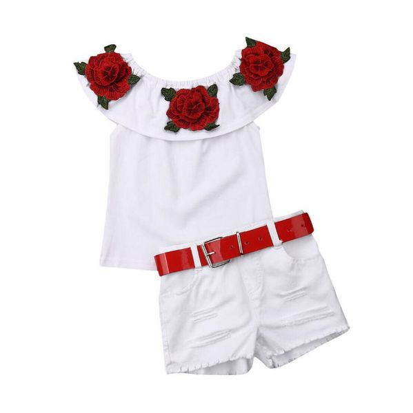 

clothing sets 2021 est style born baby fashion girl spring summer off shoulder hole shorts blet adorable 3pcs outfits set 2-7years, White
