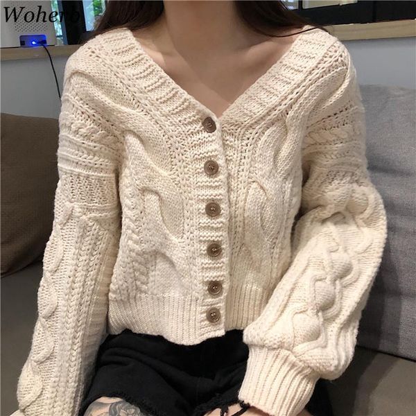 

women's knits & tees woherb sweater coat solid cropped cardigan women loose korean style knit cardigans 2021 autumn casual all match mu, White